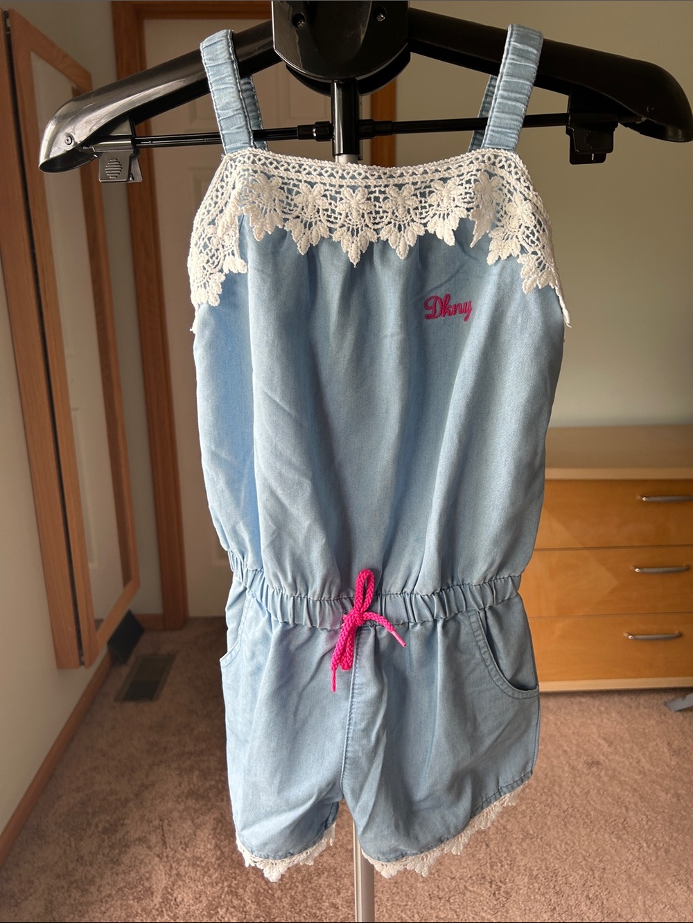 DKNY Light Blue Romper with White Lace and Pink Drawstring
